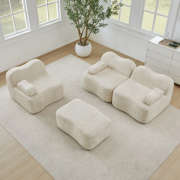 EINHOM 3-Sitzer L-förmiges Modulares Boneless Sofa mit 1 Ottoman, 32D Hochdichtschaum, Wellenform, tiefe Sitzfläche, bewegliches Armlehnenkissen, für Wohnzimmer, Beige – Bild 4