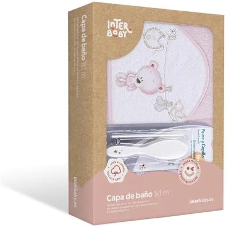 Interbaby P1182-02 Baby Kapuzenbadetuch TENDEDERO OSO rosa mit Kamm und Bürste, Rosa – Bild 5