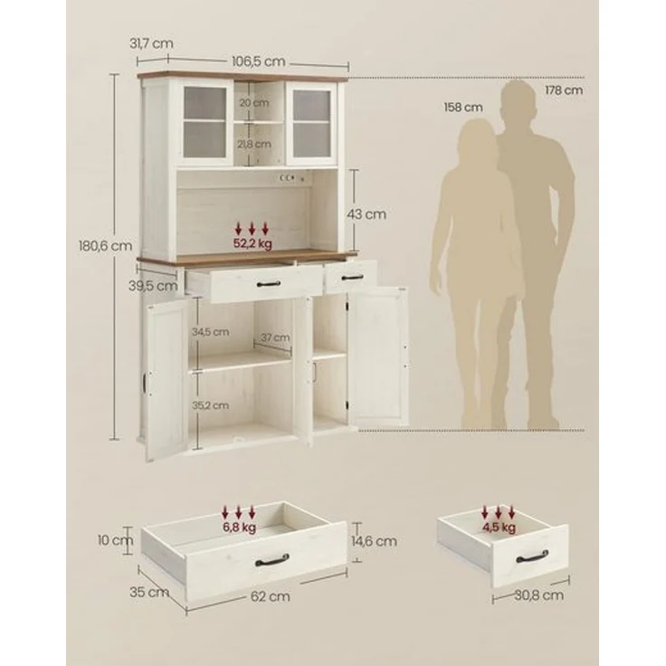 VASAGLE Küchenschrank mit Beleuchtung und Ladestation, mit Türen und Schubladen, 39,5 x 106,5 x 180,6 cm – Bild 5