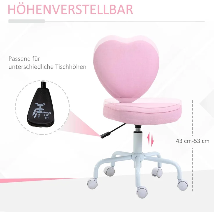 HOMCOM Bürostuhl Höhenverstellbarer Schreibtischstuhl mit Rollen (Computerstuhl, 1 St), Rosa Leinenstoff 42 x 50 x 79-89 cm – Bild 4
