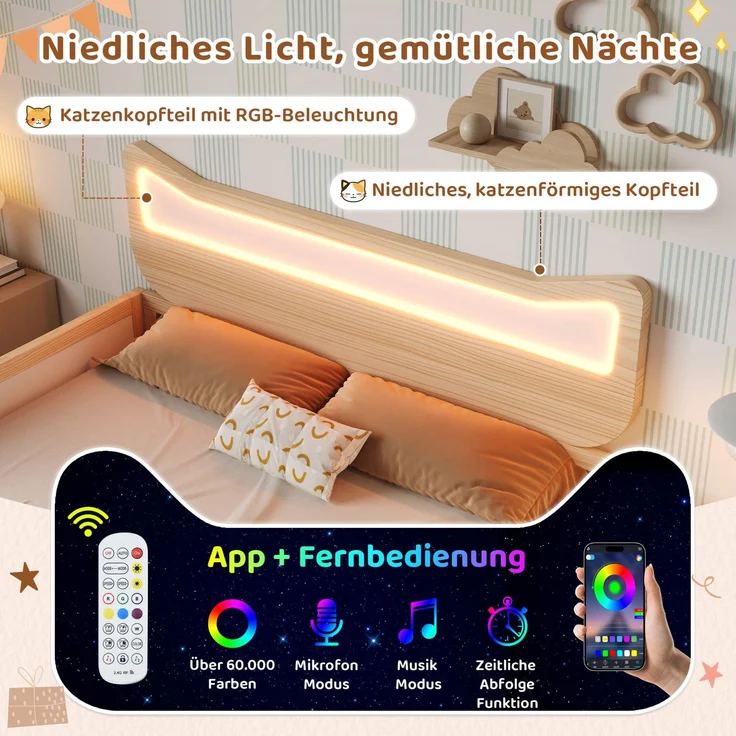 CHICFURN Bett aus Holz Weiß/Eiche 90x190 cm mit RGB-LED-Beleuchtung und Stauraum – Bild 6