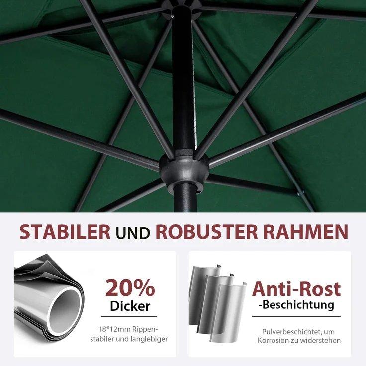 Sekey Sonnenschirm mit Kurbel und UV50+, knickbar, Aluminium grün, 200 × 300 cm – Bild 5