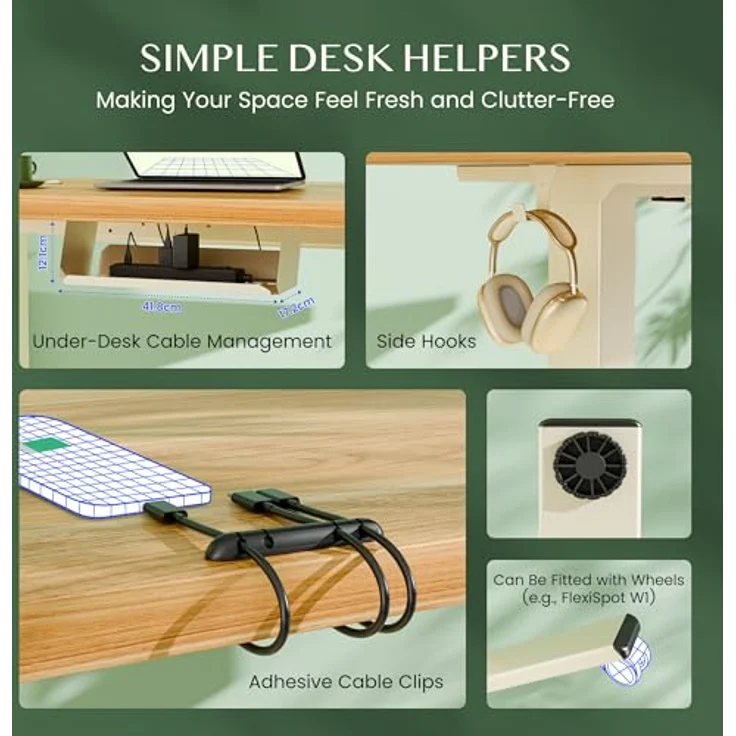 FLEXISPOT Höhenverstellbarer Schreibtisch Gestell, Elektrisch Tischbeine mit 2 Motoren & LED-Höhenanzeige & 4 Speicherfunktionen, inkl. 2 Haken & Kabelmanagement, Mousseweiß – Bild 8