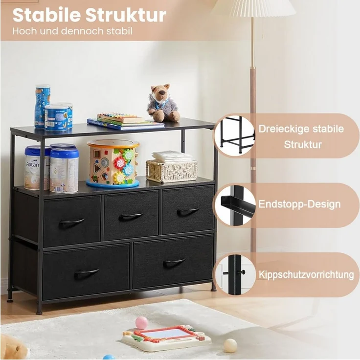 DUMOS Schubkastenkommode Kommode mit 5 Schubladen Stoffkommode mit Stabilem Stahlrahmen (Ein Aufbewahrungsschrank mit 5 Schubladen), 5 Schubladen – Bild 2