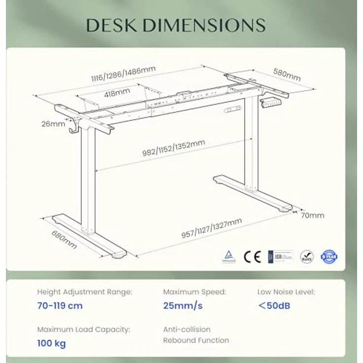 FLEXISPOT Höhenverstellbarer Schreibtisch Gestell, Elektrisch Tischbeine mit 2 Motoren & LED-Höhenanzeige & 4 Speicherfunktionen, inkl. 2 Haken & Kabelmanagement, Minzgrün – Bild 2