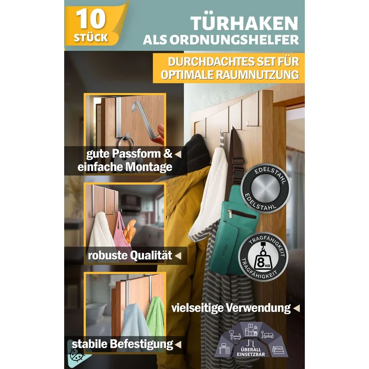 Aurelia Home Türhaken zum Einhängen, 10er-Set, Silber – für Türen und Schranktüren, bis 8 kg – Bild 2
