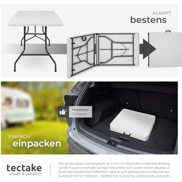 tectake® Klapptisch, Campingtisch mit Trageschlaufe, Gartentisch klappbar, Anti-Rutsch Füße, robust, leicht zu reinigen, 183 x 76 x 74 cm, Tisch für Garten, Terrasse, Balkon, Camping und Picknick – Bild 8