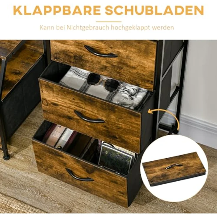 HOMCOM Kommode, braun, Textil, mit 3 Stoffschubladen und Stahlrahmen, 44x92x29 cm, für Wohnzimmer – Bild 5