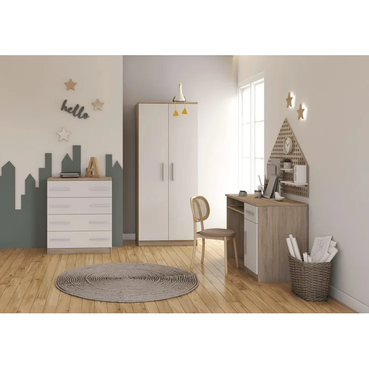 Jugendzimmer Arivo in Eiche Sonoma und Weiß Kinderzimmer Komplett Set in verschiedenen Zusammenstellungen wählbar - 3 teilig , Kleiderschrank + Schreibtisch + Kommode