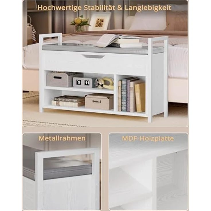 IRONCK Schuhbank mit Sitzfläche, Sitzbank mit Stauraum, Schuhschrank, offene Fächer, Metall Rahmen, Kunstleder, 130kg belastbar, Schuhregal für Eingang,Flur,Wohnzimmer,Schlafzimmer (Weiß) – Bild 6