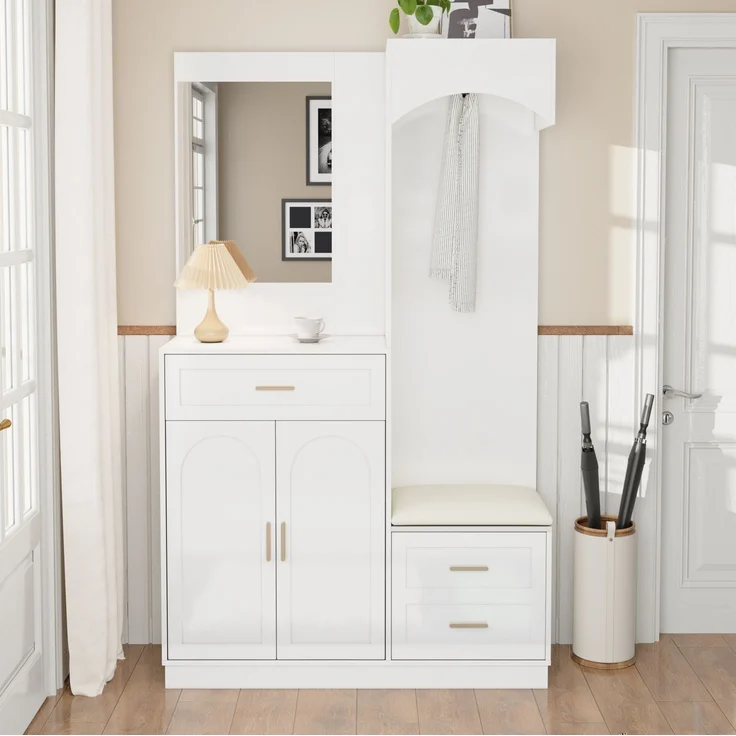Kompaktgarderobe mit Schuhschrank, Schuhbank, Kosmetikspiegel, verstellbare Einlegeböden, MDF weiß, platzsparend – Bild 2