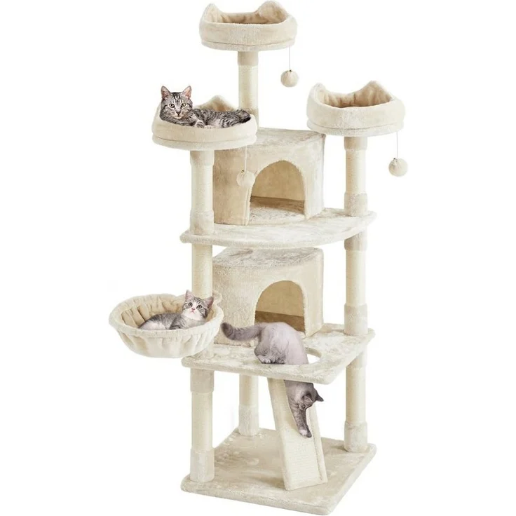 Yaheetech Kratzbaum 175/193 cm (H), Katzenbaum mit Liegemulde & Katzenhaus & Kratzbrett & 3 Plüschbälle – Bild 5