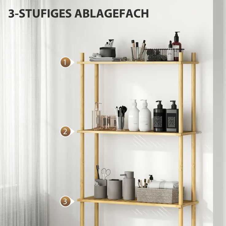 HOMCOM Badregal mit Umkippschutz, plaxtzsparend, 3 Ebenen Toilettenregal 1-tlg, für Waschküche, Land Stil, Naturholz, 181 x 25,5 x 69 cm – Bild 5