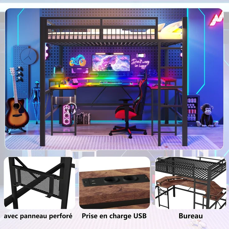 EINHOM Hochbett, 140 x 200 cm, Eisenrahmen, mit Farbwechselnder LED-Lichtleiste, mit Schreibtisch, 1 USB-Anschluss + 1 Typ-C-Anschluss und 2 Steckdosen, mit Lochwand, Schwarz (Ohne Matratze) – Bild 7