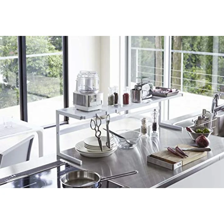 Yamazaki Küchenregal "Tower" Regal Metall 54 bis 92cm ausziehbar, platzsparend, Metallregal für mehr Platz in der kleinen Küche, mit 3 Aufhängehaken – Bild 8