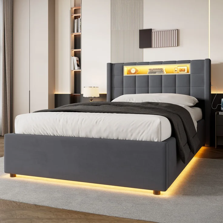 Polsterbett 90x200 cm mit hydraulischem Stauraum, LED-Beleuchtung und USB-Anschlüssen – Ohne Matratze – Bild 2
