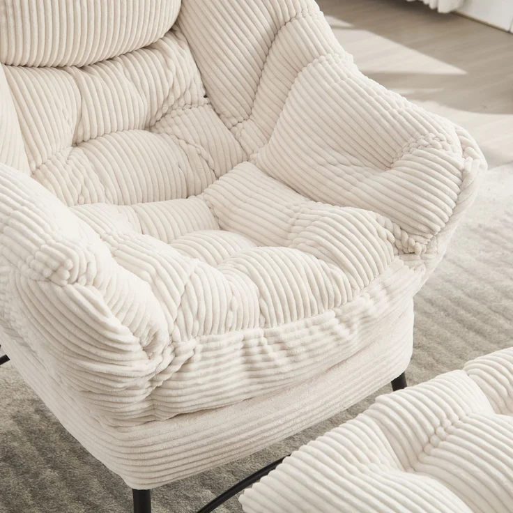 Flieks Loungesessel mit Hocker, ergonomischer Ohrensessel mit Stahlrahmen, weicher Cordstoff, Seitentasche, Beige – Bild 7