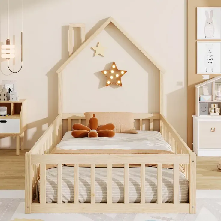 Hausbett mit Lattenrost und Rausfallschutz, 90x200 cm, Kinderbett, Jugendbett, Kiefer – Bild 2