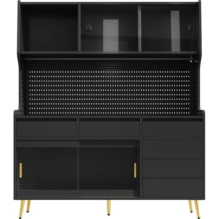 Hochschrank 145x39x171 cm mit LED-Beleuchtung, Schiebetüren und geriffelter Glasfront – MDF, Glas & Metall, Schwarz – Bild 2