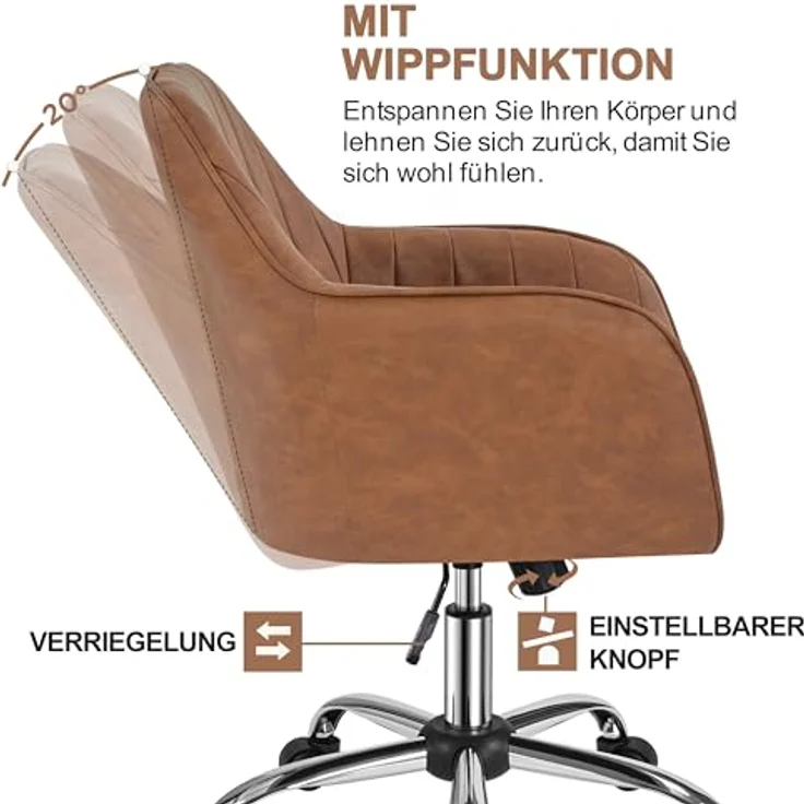 Yaheetech Homeoffice Stuhl, Schminkstuhl, Schreibtischstuhl, höhenverstellbar Drehstuhl, Bürostuhl mit gepolstertem Samtstoff, für Arbeitszimmer, Schlafzimmer, bis 136 kg belastbar, Retrobraun – Bild 7