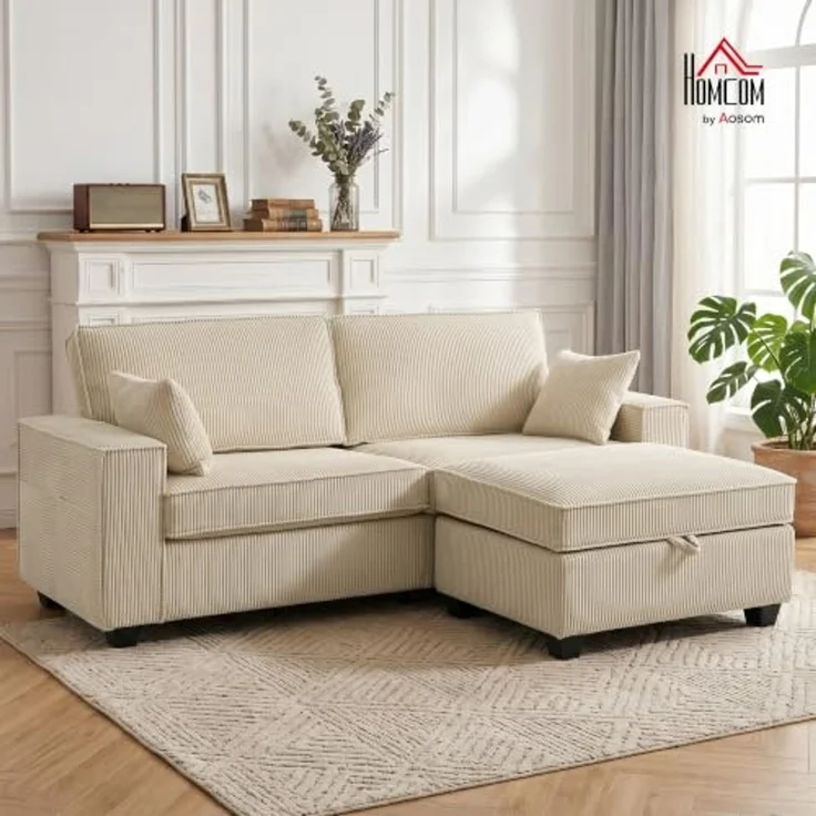 HOMCOM Ecksofa 3-Sitzer Couch mit Kissen, Set 1 Teile, Umkehrbarer Hocker mit Stauraum, Cord – Bild 2