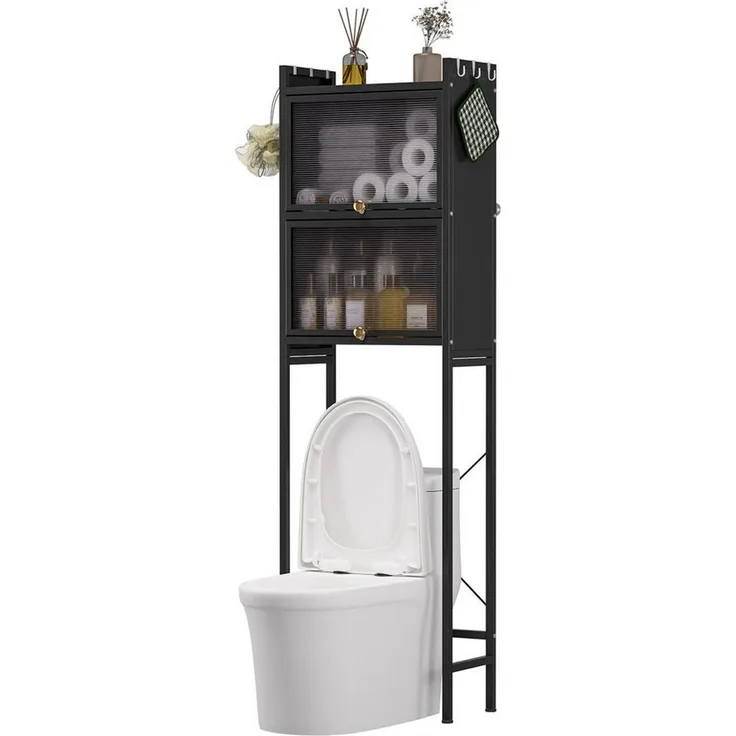 Rutaqian Badregal WC Regal mit Türen ohne Bohren Badezimmerregal Wasserdicht 50x25x165cm, Badregal mit Stauraum und PVC Türen, Platzsparender Badezimmerschrank