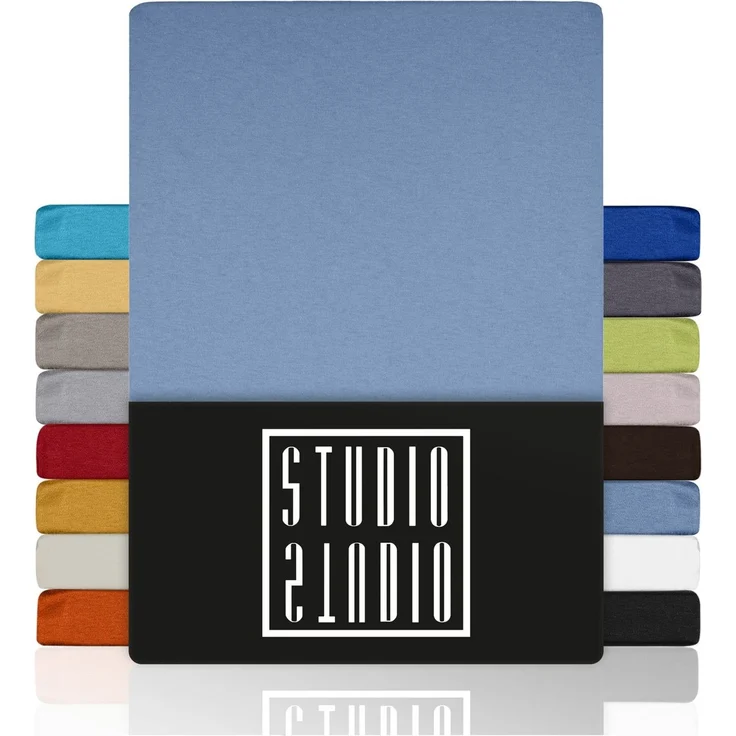 STUDIO Spannbettlaken Basic, viele Größen, 100% Baumwolle, OEKO-TEX 100, Jersey, Baumwolle, Gummizug: rundum, (1 Stück), 90x190 cm Bettlaken Spannbetttuch bis 25 cm Höhe - Mittelblau – Bild 1