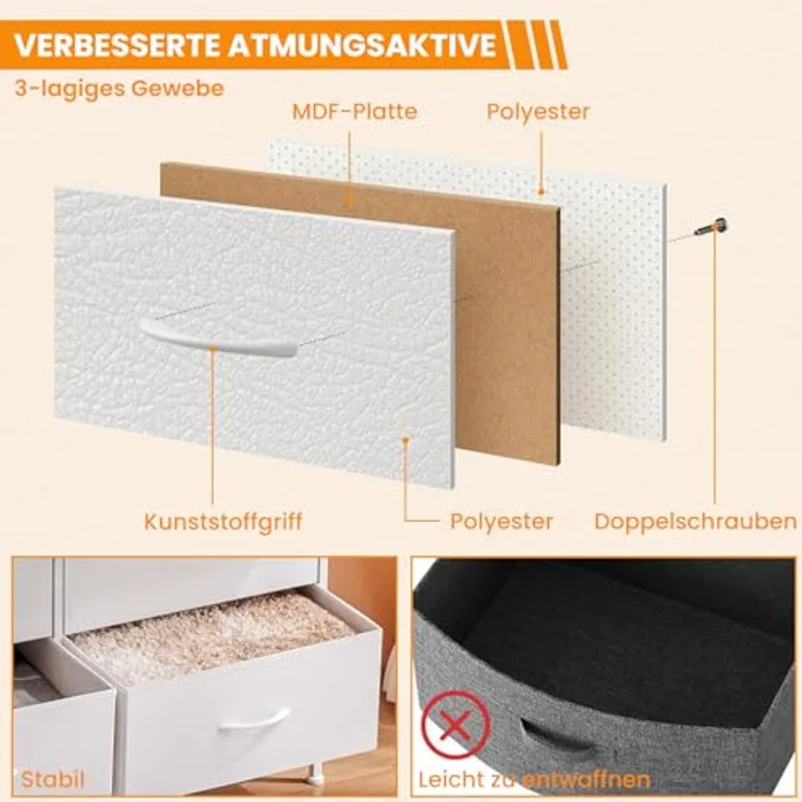 DUMOS Kommode mit Schubladen - kommoden & Sideboards für Schlafzimmer Geeignet, Komodenschrank mit 4 Schubladen, Stoffkommode mit Stabilem Stahlrahmen, Ideal für Schlafzimmer, Wohnzimmer (Weiß) – Bild 5