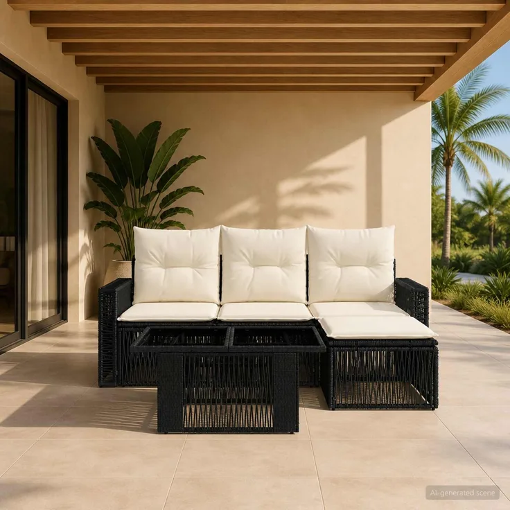 vidaXL Gartensofa-set 5 stk. Schwarz und Cremeweiß Poly-Rattan 3436780