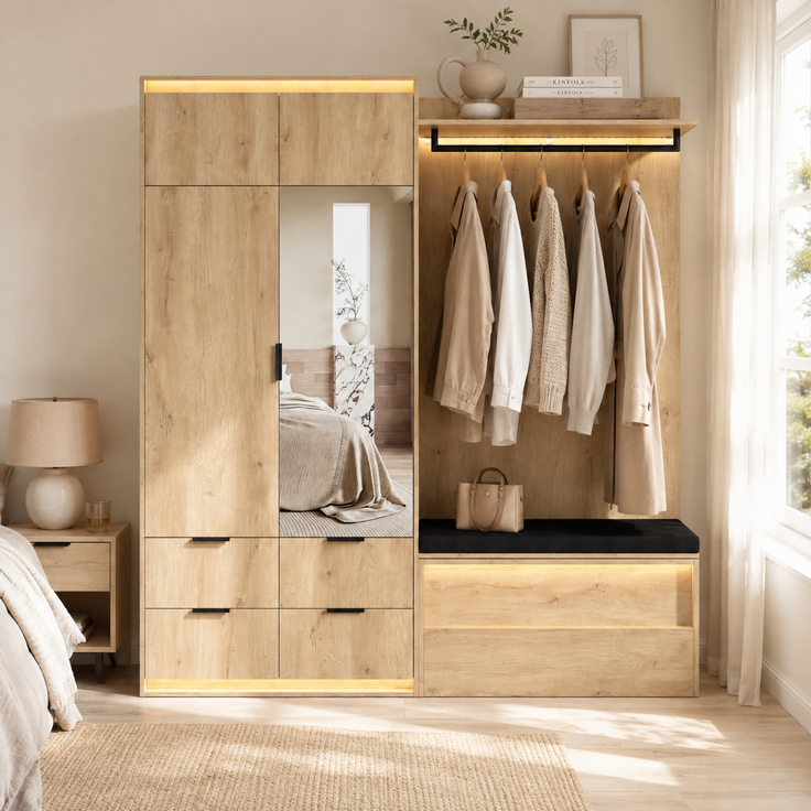 Garderoben-Set 180x47x200 cm mit LED, Spiegel, Sitzbank und 4 Schubladen – Bild 4