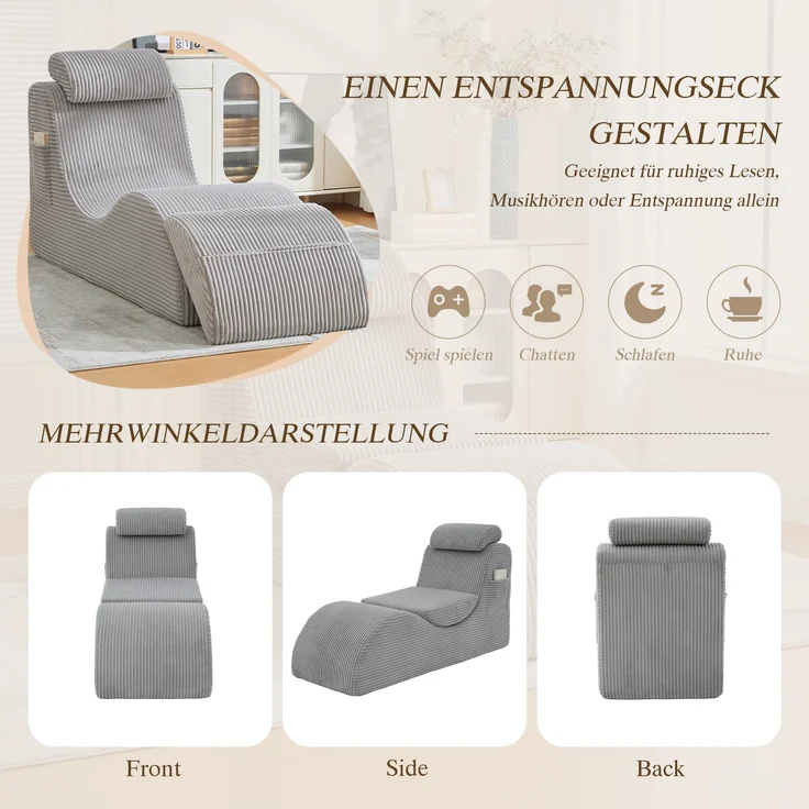 LVHOM Relaxsessel Ergonomisches Design, Lesesessel mit verstellbarer Kopfkissen und Sitzkissen, Fernsehsessel mit Seitentasche, Cord Bezug, bis 200kg belastbar – Bild 8