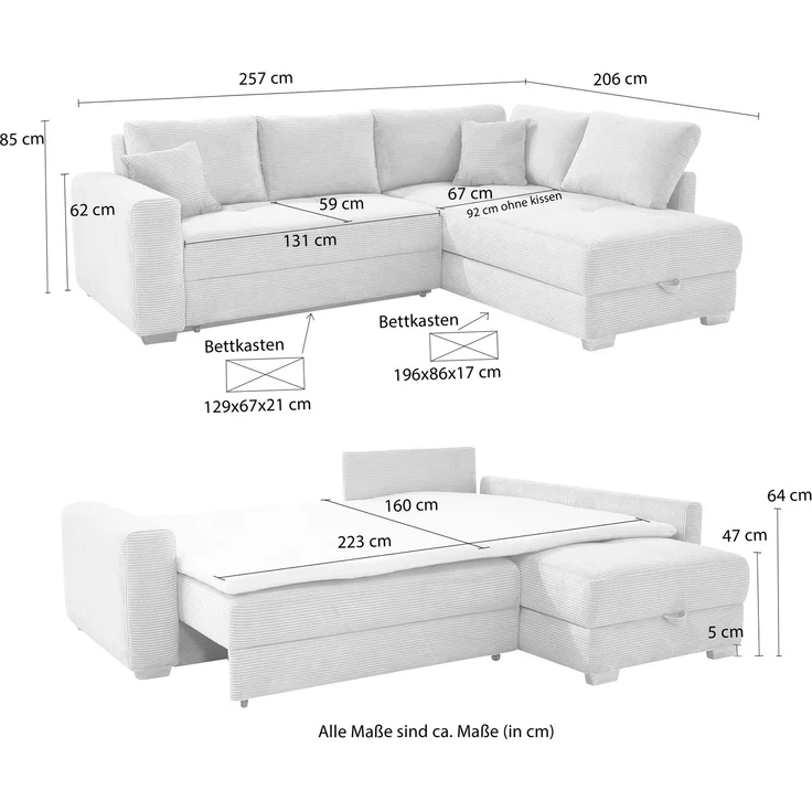 Ecksofa-Dauerschläfer Boxspring Federkerncouch Topper Stauraum Cord Grau Anthr. – Bild 8