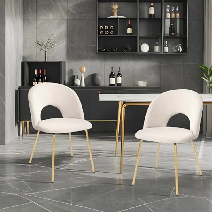 CangLong 2 Schminktischstühle, moderner gepolsterter Sessel für Küche, Esszimmer und Wohnzimmer, Samtstühle mit goldfarbenen Metallbeinen, Beige – Bild 3