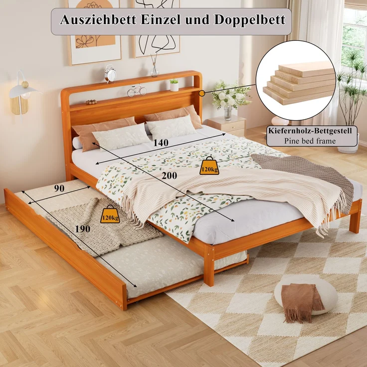 Merax Holzbett, Doppelbett, Kinderbett, 140x200 cm, mit Ausziehbett 90x190 cm, Funktionsbett mit links/rechts montierbarem Gästebett, Natur – Bild 7