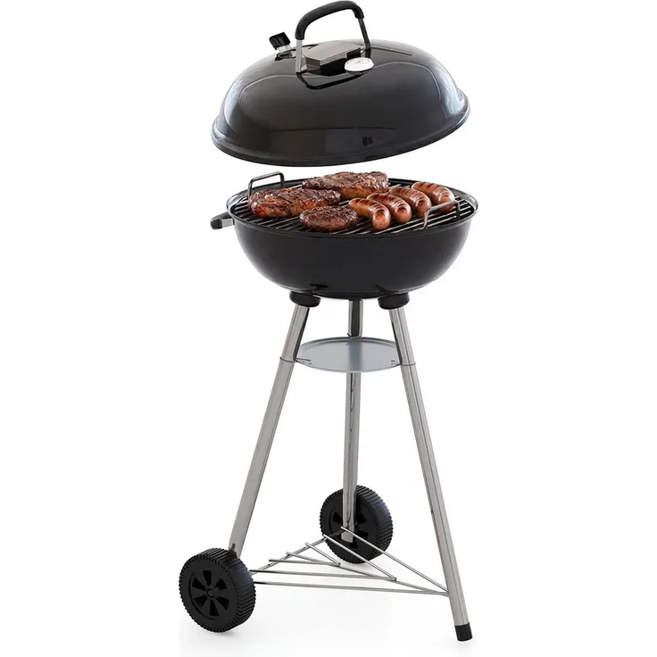 Aoxun Holzkohlegrill, 47cm Kugelgrill mit Thermometer und regulierbarer Luftzufuhr, kratzfeste, emaillierte Grillschale, Ascheauffangbehälter, Rollen und Ablage, für Garten, und Outdoor, schwarz
