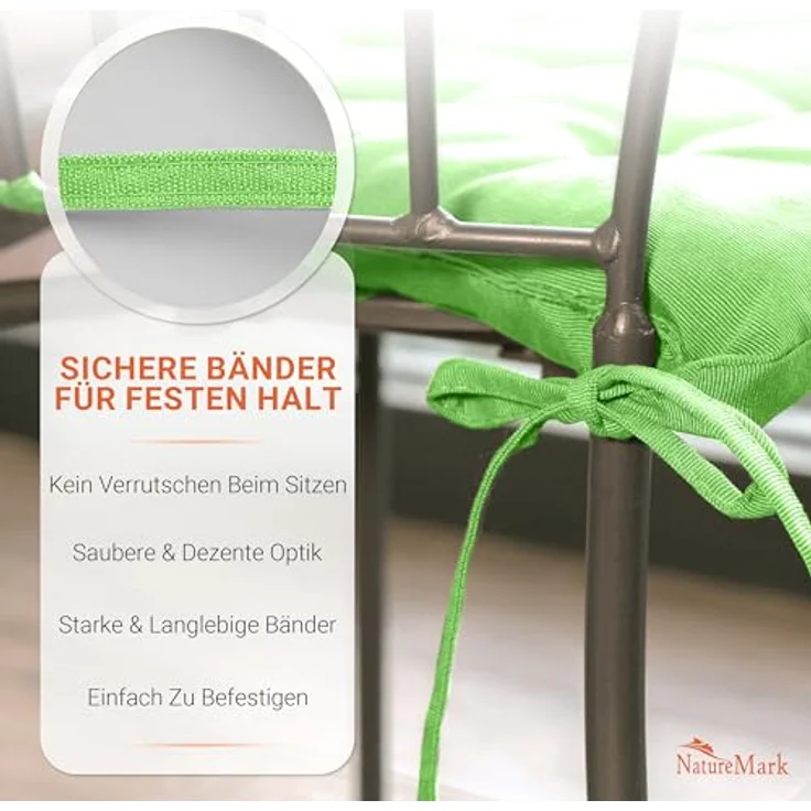 NatureMark 4er Set Stuhlkissen mit Bändern Gr. 40x40 cm Sitzkissen gefüllt, Apfel grün – Bild 7