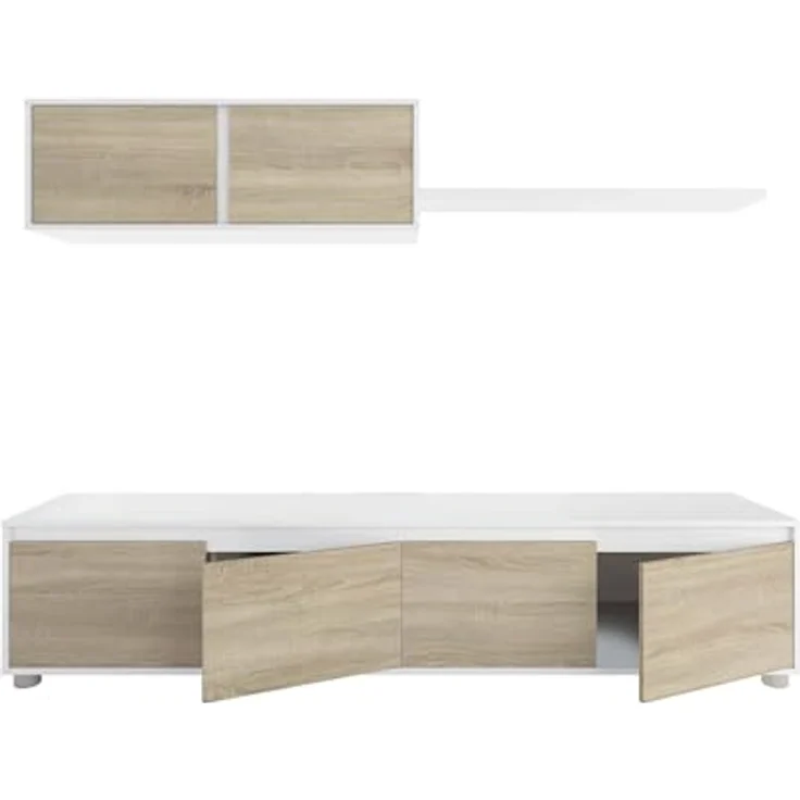 Dmora - Wandsystem Savannah, TV-Ständer, Wohnzimmermöbel, Zusammensetzung des Wohnzimmersets, Wohnzimmerset mit Schrankwand, 200 x 41 x 43 cm, Weiß und Eiche – Bild 7