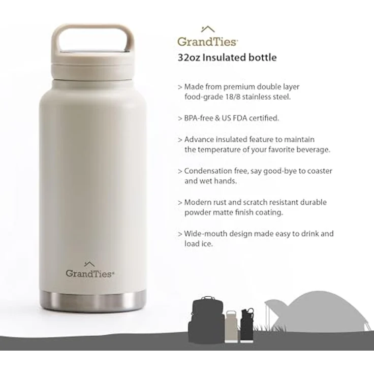GrandTies 946ml Reise Wasserflasche - Wide Mouth Vakuum Isolierte Wasserflasche mit Zwei Stil Deckeln, kälteste Wasserflasche für Männer, Hydroflaschen für Frauen - Elfenbein Weiß – Bild 2