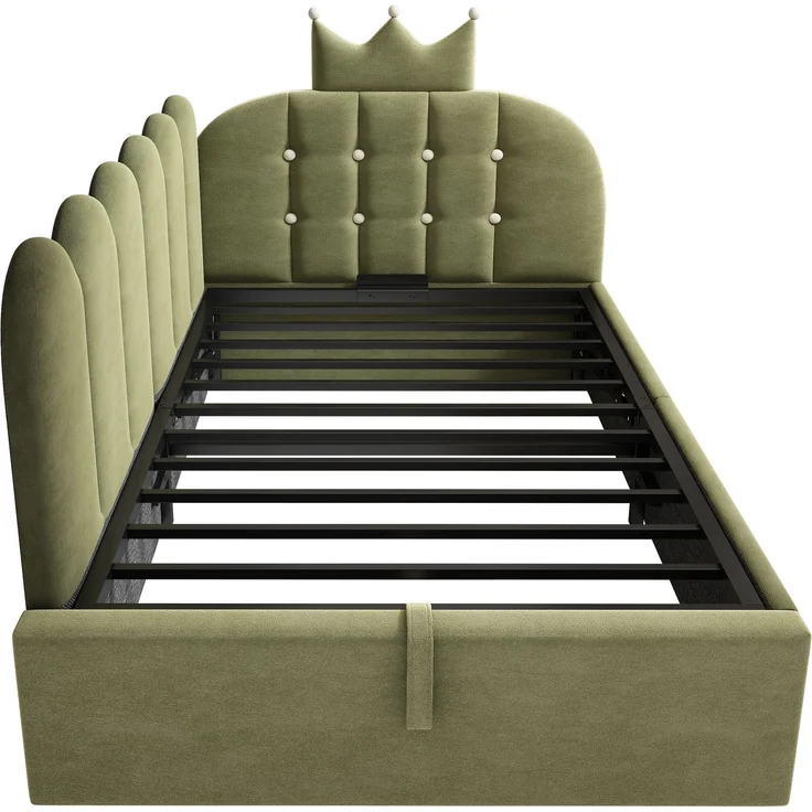 Merax Einzelbett, 90x200 cm Polsterbett, Daybett, Tagesbett-Schlafsofa mit Stauraum (hydraulisch), Gästebett L-Form Samt, Grün – Bild 8