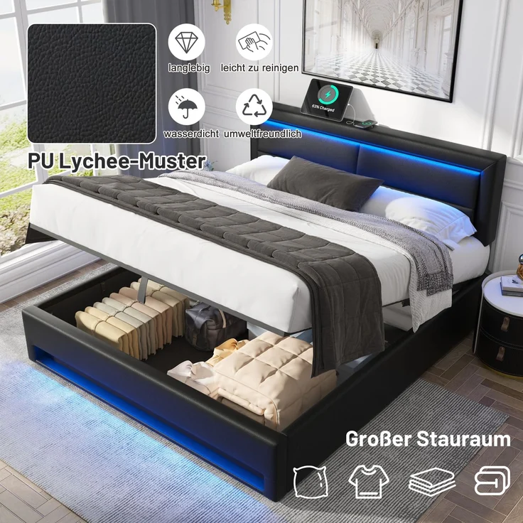 Merax Polsterbett, Doppelbett, 140x190 cm, mit USB-Anschluss (unterstützt kabelloses und kabelgebundenes Laden), LED-Beleuchtung und Stauraum, PU, schwarz – Bild 6