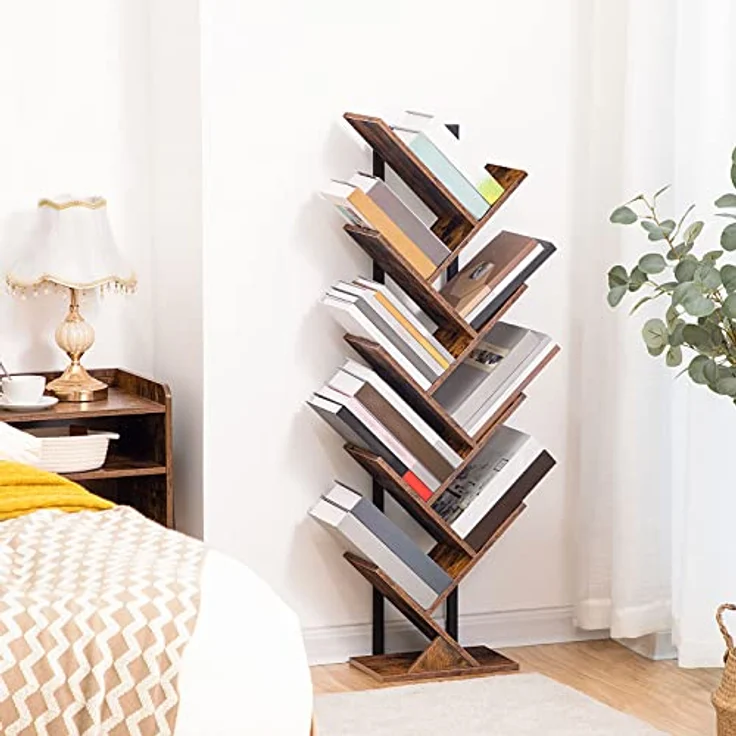 HOOBRO Bücherregal, Standregal mit 9 Ebenen, Holz DVD Regal, in Baumform, Metallgestell, für Wohnzimmer, Arbeitszimmer, Kinderzimmer, Vintagebraun EBF08SJ01G1 – Bild 5