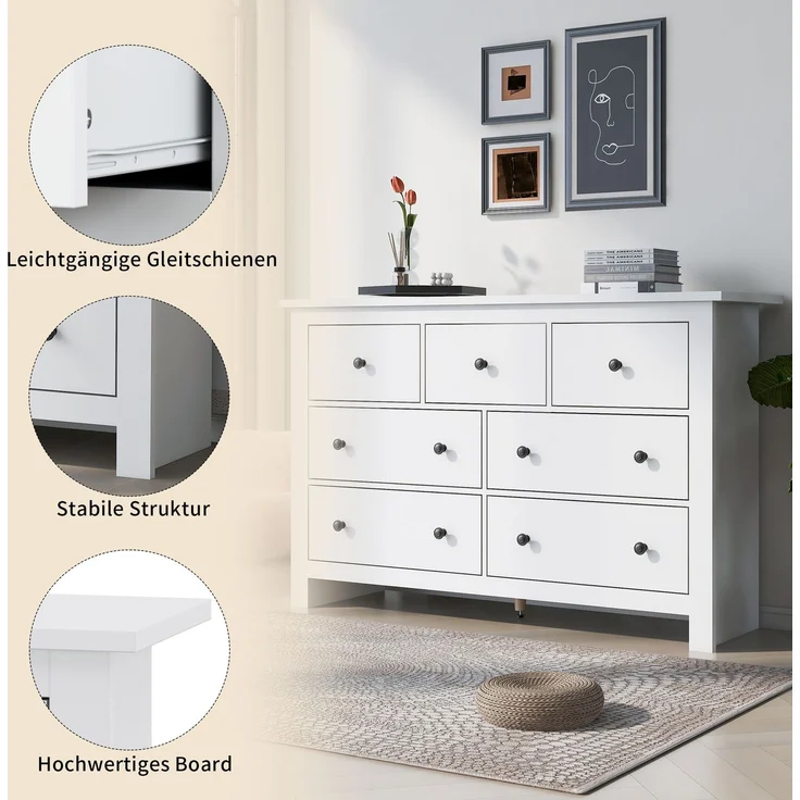 DESVIAE Sideboard mit 7 Schubladen, 152x88,5x40 cm, aus Spanplatte, Weiß – Bild 4