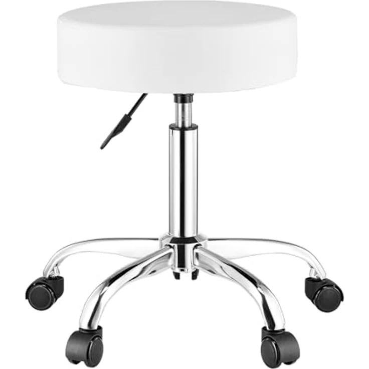 VEVOR runder Sattelhocker Rollhocker 204 kg belastbarer höhenverstellbarer (55-71 cm) Drehhocker Arbeitshocker PU-Leder-Drehsattelstuhl geeignet für Salon Spa Massage Klinik weiß – Bild 1