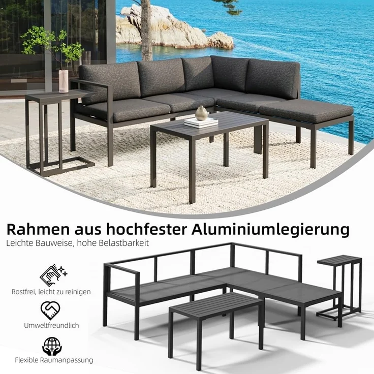 Mucola Sitzgruppe Aluminium Ecksofa mit Beistelltisch Lounge wetterfest Grau Tisch Balkonmöbel Terrasse Outdoor-Möbel – Bild 4