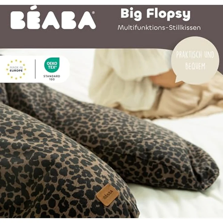 BÉABA Big Flopsy Still- und Schwangerschaftskissen – Multifunktional, Zum Schlafen und Stillen, Unterstützend, Entspannend, Optimaler Komfort, Oeko-Tex Baumwollbezug – Farbe Leopard – Bild 2