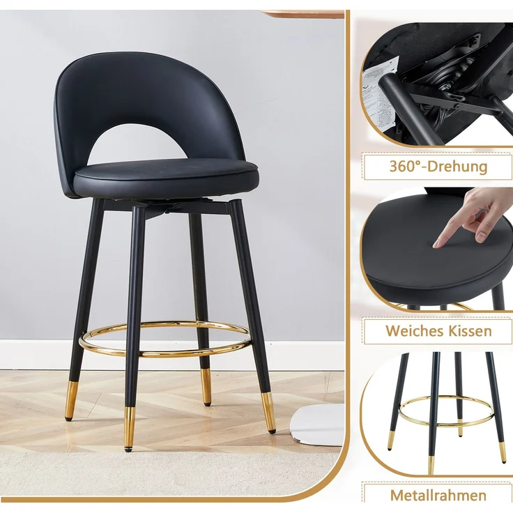 360° drehbarer Barhocker, Komplett in Schwarz gehalten, Sitzkissen aus PU-Material, komfortabler gepolsterter Barhocker, geeignet für Bars, Esszimmer, Küchen, Terrassen usw, Eine Box mit 2 Stück.--Schwarz--44x44x91.5cm--YOUDENOVA – Bild 6