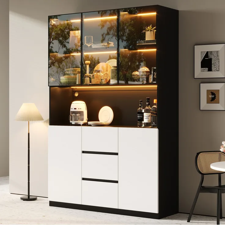 Glasvitrine mit LED-Beleuchtung, 120x40x200 cm, Schwarz, mit offenen Fächern und 3 Schubladen