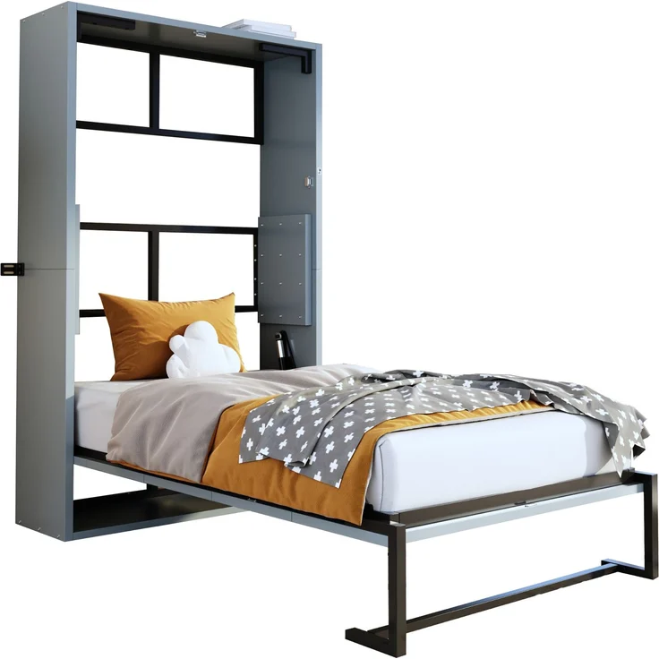 Merax Schrankbett, 90x200 cm Murphy-Bett, Metallrahmen-Wandklappbett, Faltbett Kombination aus Metallrahmen und Holzplatte, mit Verriegelbarer Wandbefestigung, Grau – Bild 10