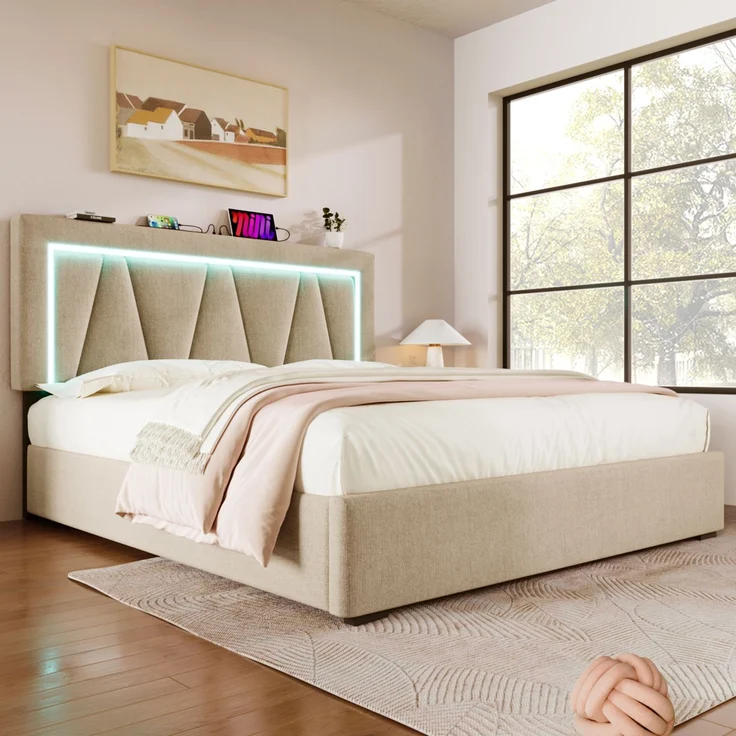 Polsterbett 160x200 cm mit verstellbarem Kopfteil, LED-Beleuchtung, USB & Type-C Ladeanschluss,Stauraum,Beige,inklusive Matratze – Bild 6