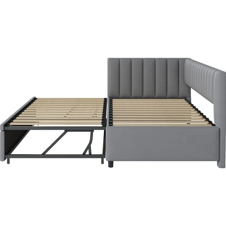 Merax Multifunktionales L-förmiges Schlafsofa mit Ausziehbett 90/180*200cm, Polsterbett in Samtstoff, platzsparendes Design für Kinderbett, Gästebett, hellgrau – Bild 7
